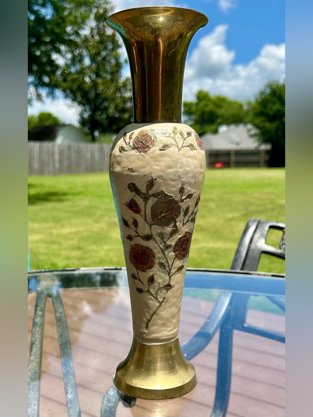 Vintage Enameled Brass Rose Bud Vase 70s India Cloisonne Style